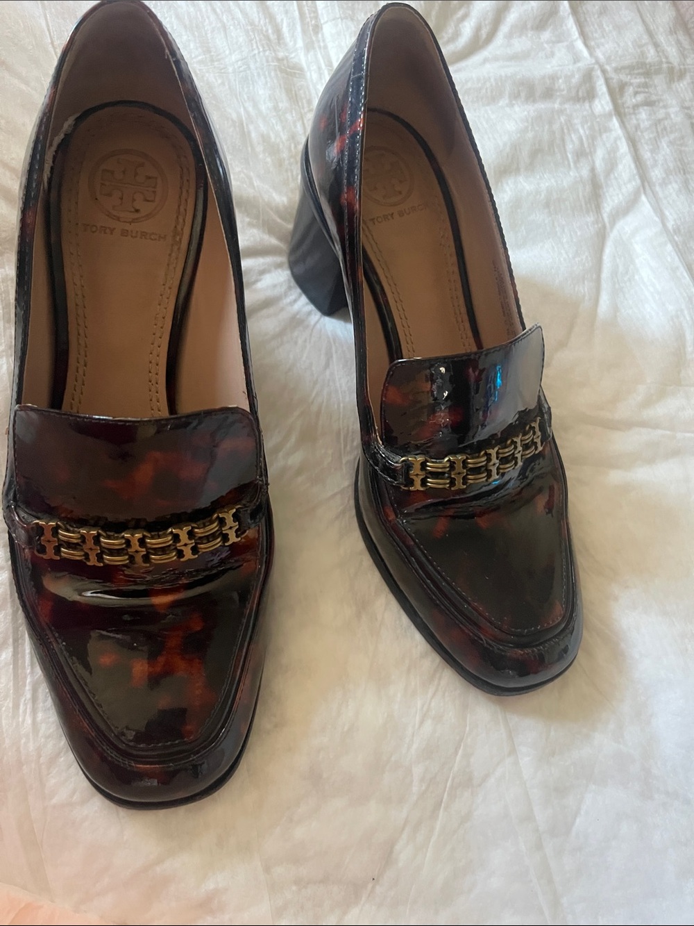 Tory Burch Tortoiseshell Patent Leather Chain-Trim Loafers
